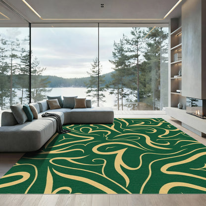 Emerald Golden Swirl Abstract Flow Rug