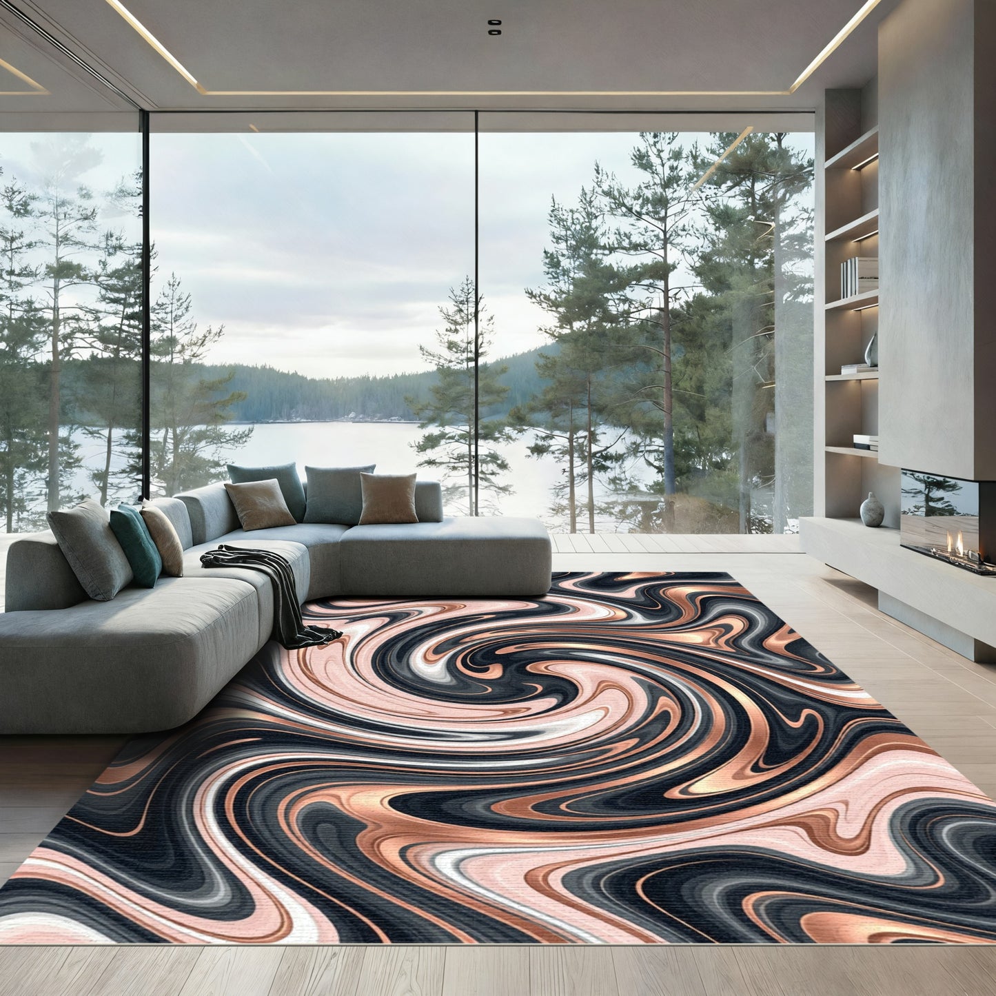 Abstract Swirl Rose Gold Black Fluid Rug