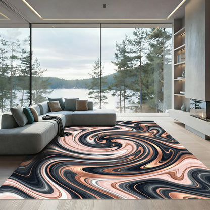 Abstract Swirl Rose Gold Black Fluid Rug