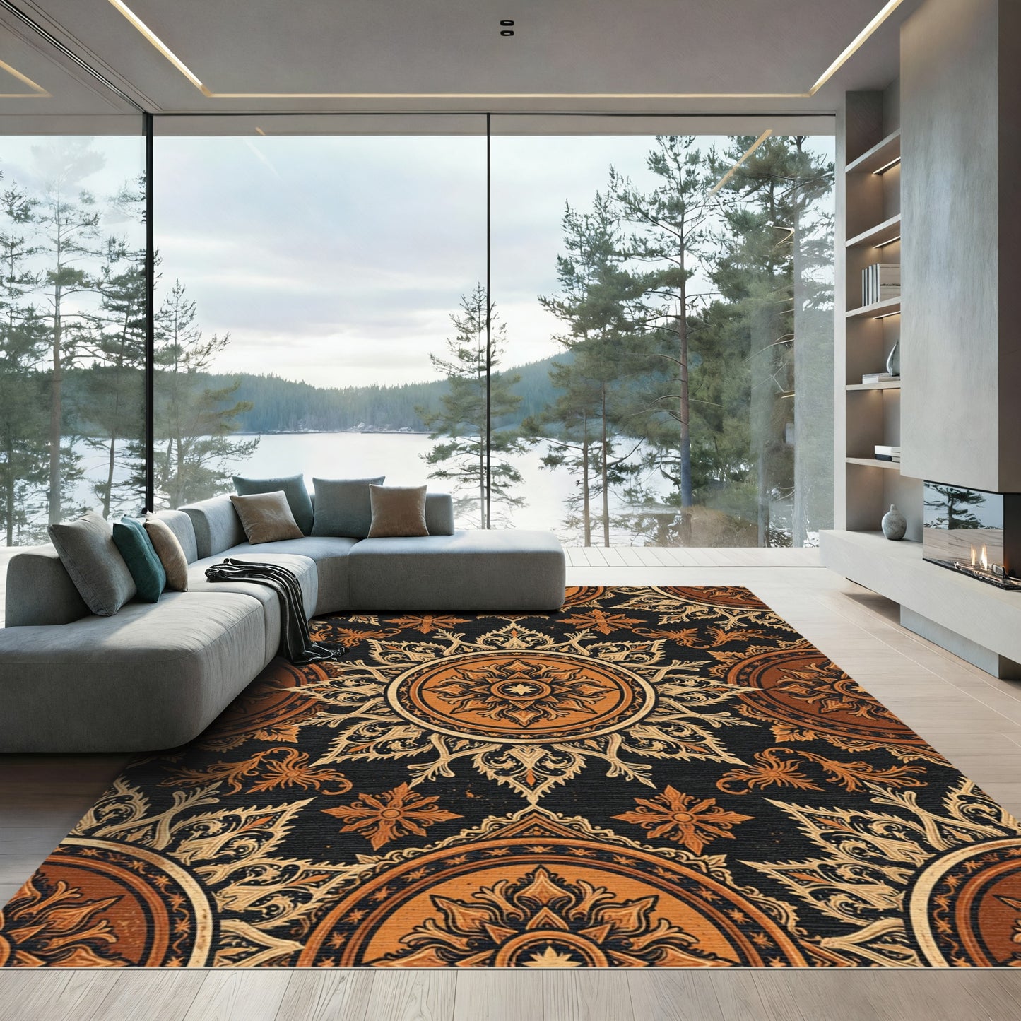 Ornate Terracotta Golden Circular Medallion Rug