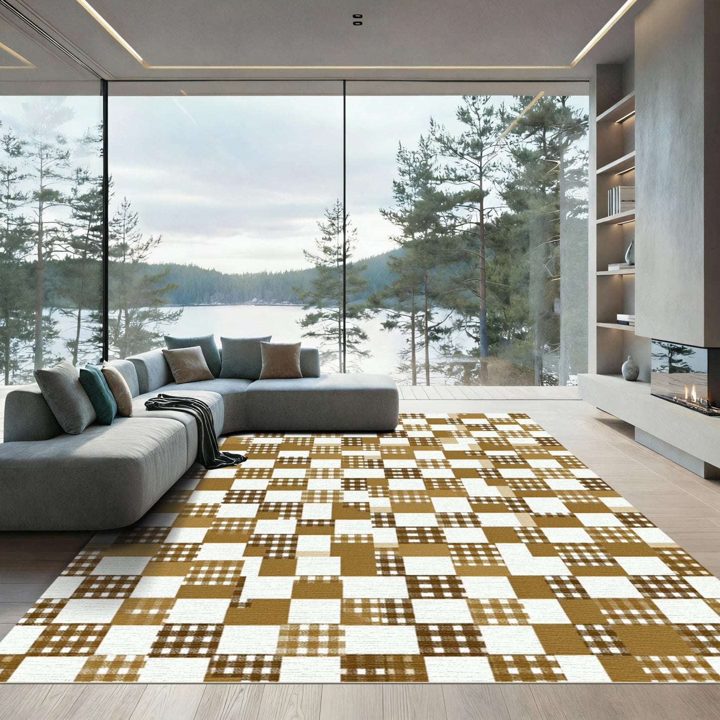 Golden Brown Gingham Check Squares Rug