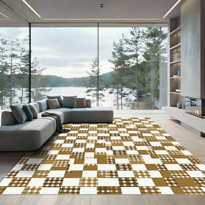 Golden Brown Gingham Check Squares Rug
