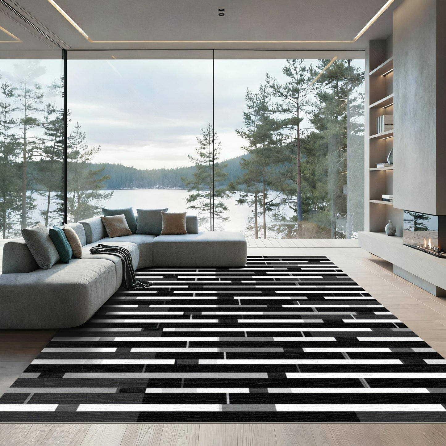 Modern Monochrome Geometric Interlocking Bar Rug