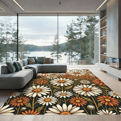 Autumn Daisy Meadow Botanical Illustration Rug