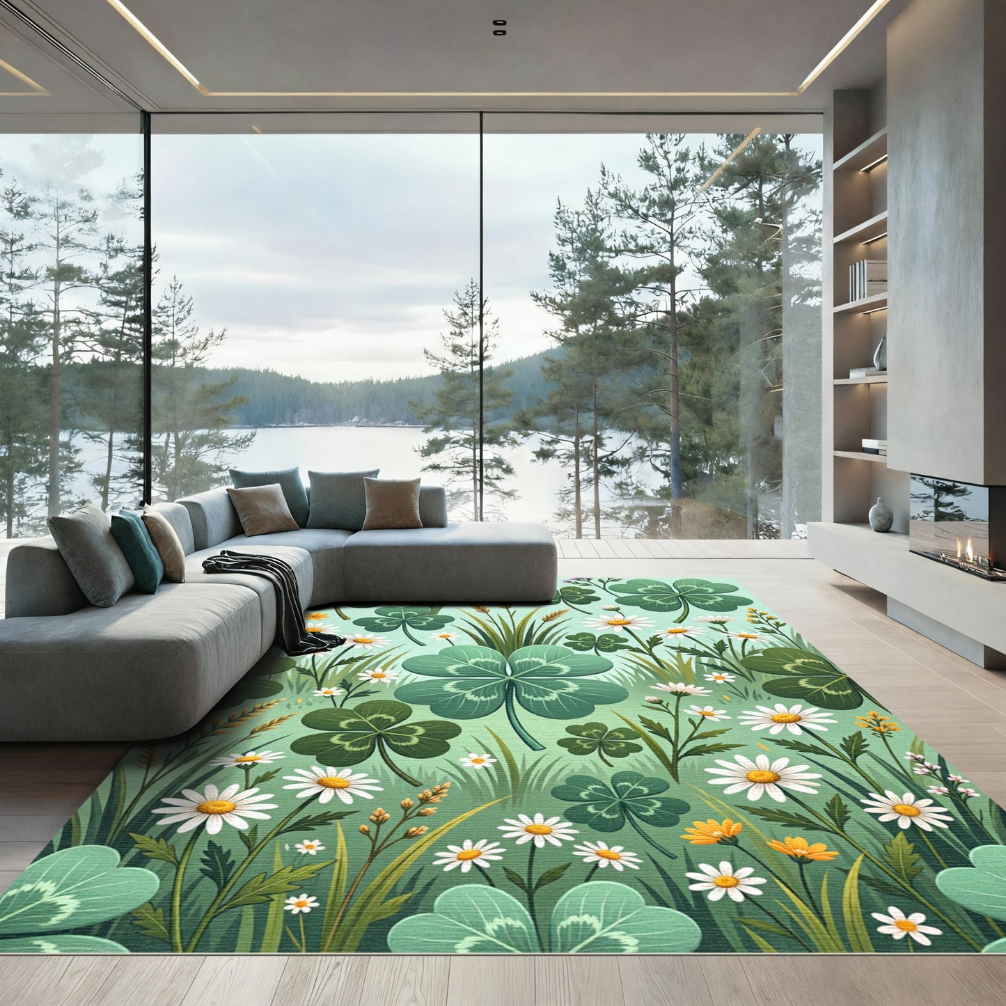 Whimsical Clover and Daisy Meadow Field Rug