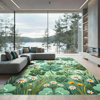 Whimsical Clover and Daisy Meadow Field Rug