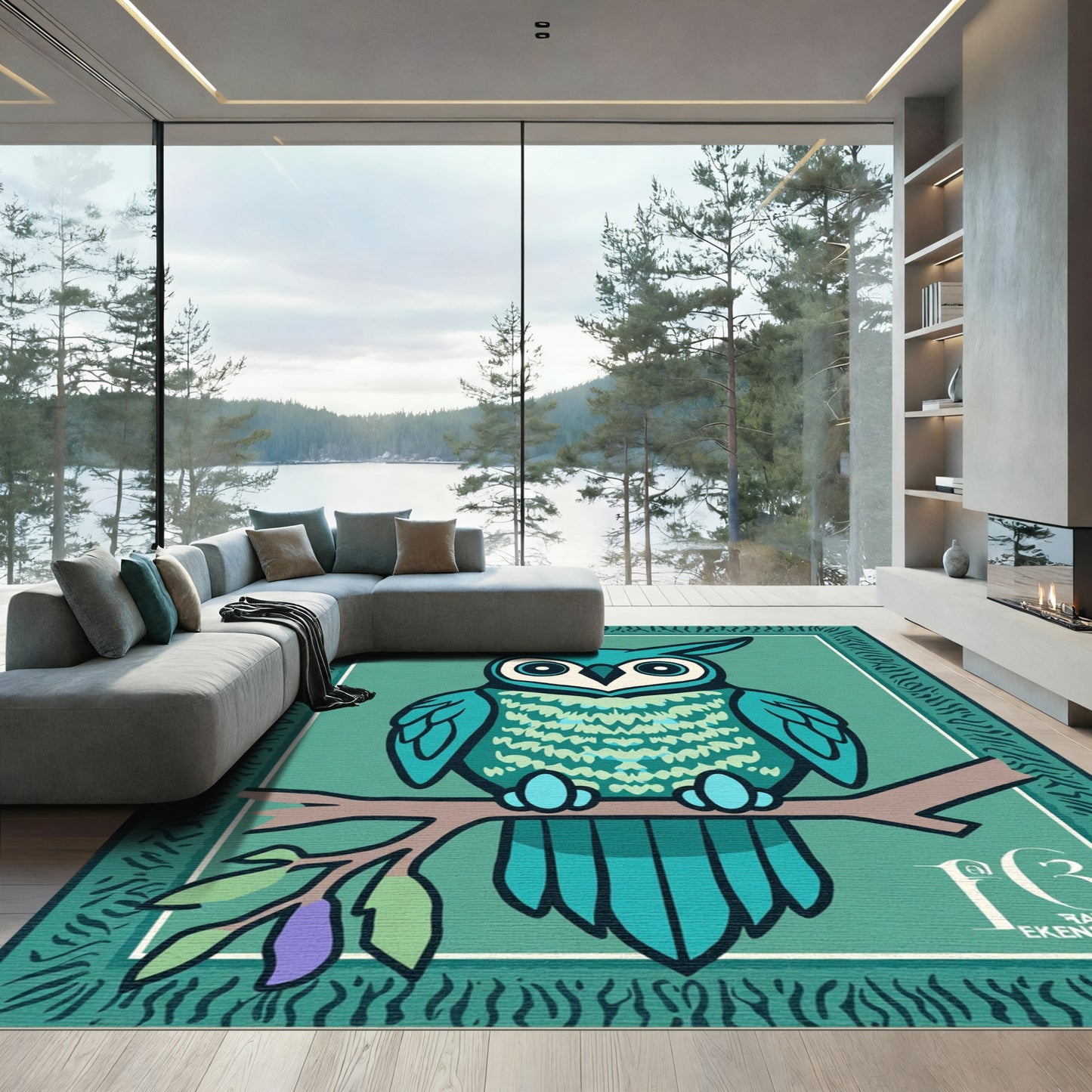 Teal Owl Perched Branch Artful Rug