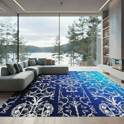 White Baroque Flourish Blue Gradient Rug