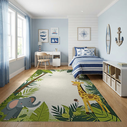 Playful Jungle Giraffe Elephant Palm Rug