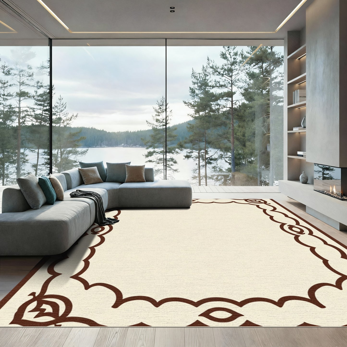 Rich Brown Scalloped Border Leaf Accents Rug