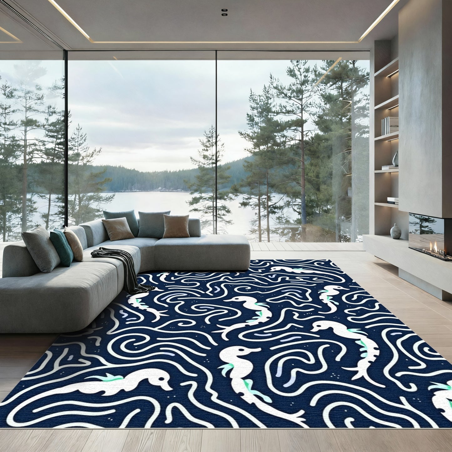 Navy White Seahorse Swirl Abstract Rug