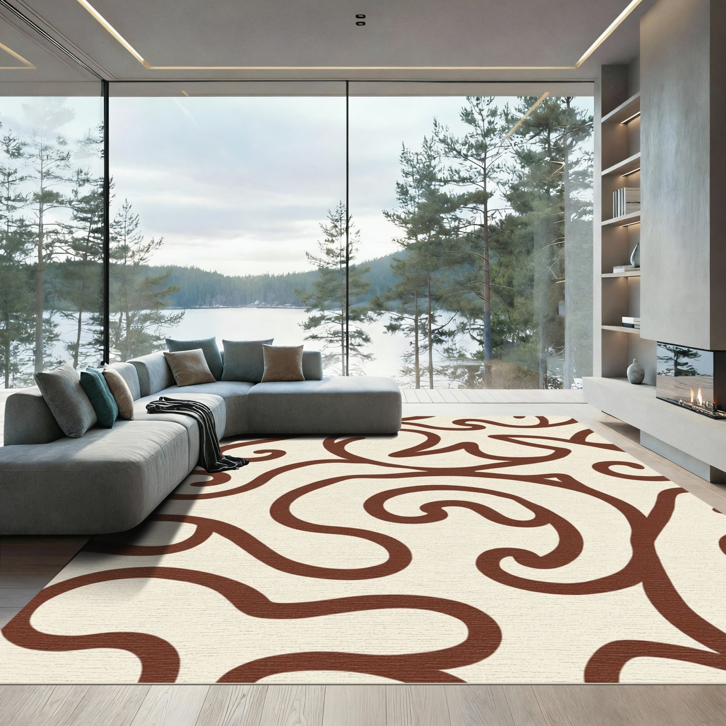 Brown Cream Scrollwork Swirl Rug