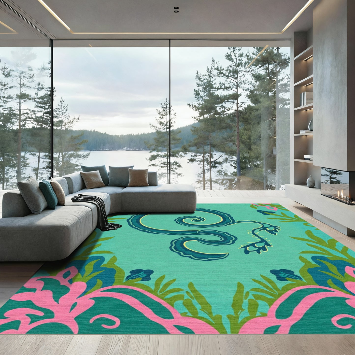 Whimsical Teal Floral Scroll Rug