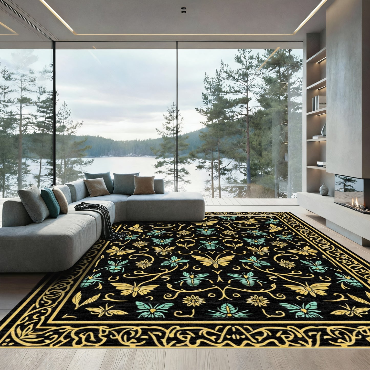 Golden Butterflies and Bees Medieval Garden Rug