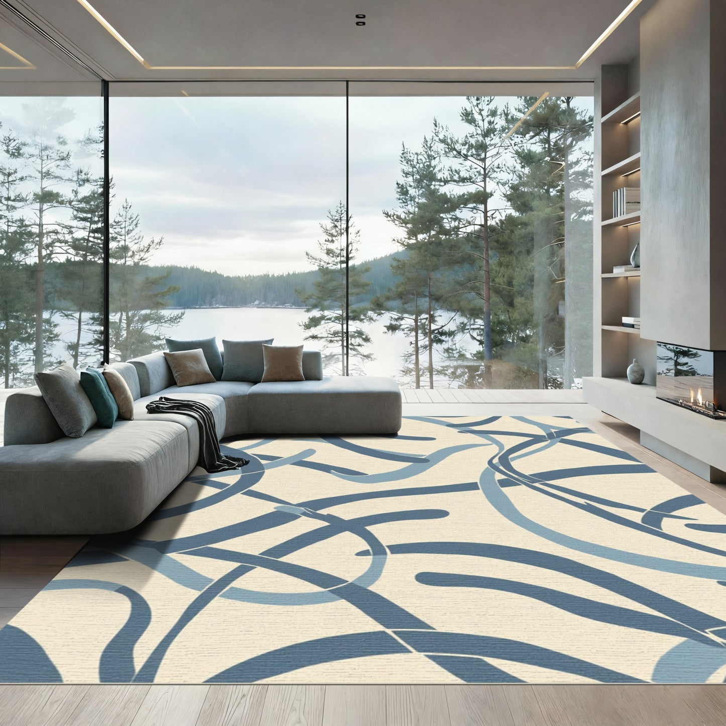Abstract Blue Ribbon Swirl Rug