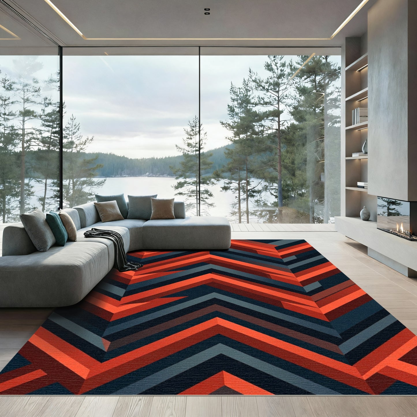 Modern Geometric Chevron Crimson Charcoal Rug