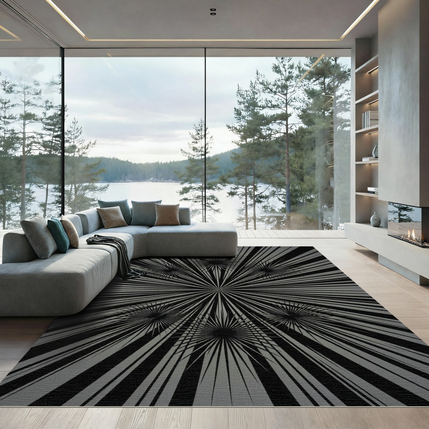 Monochromatic Starburst Radial Geometric Gray Rug