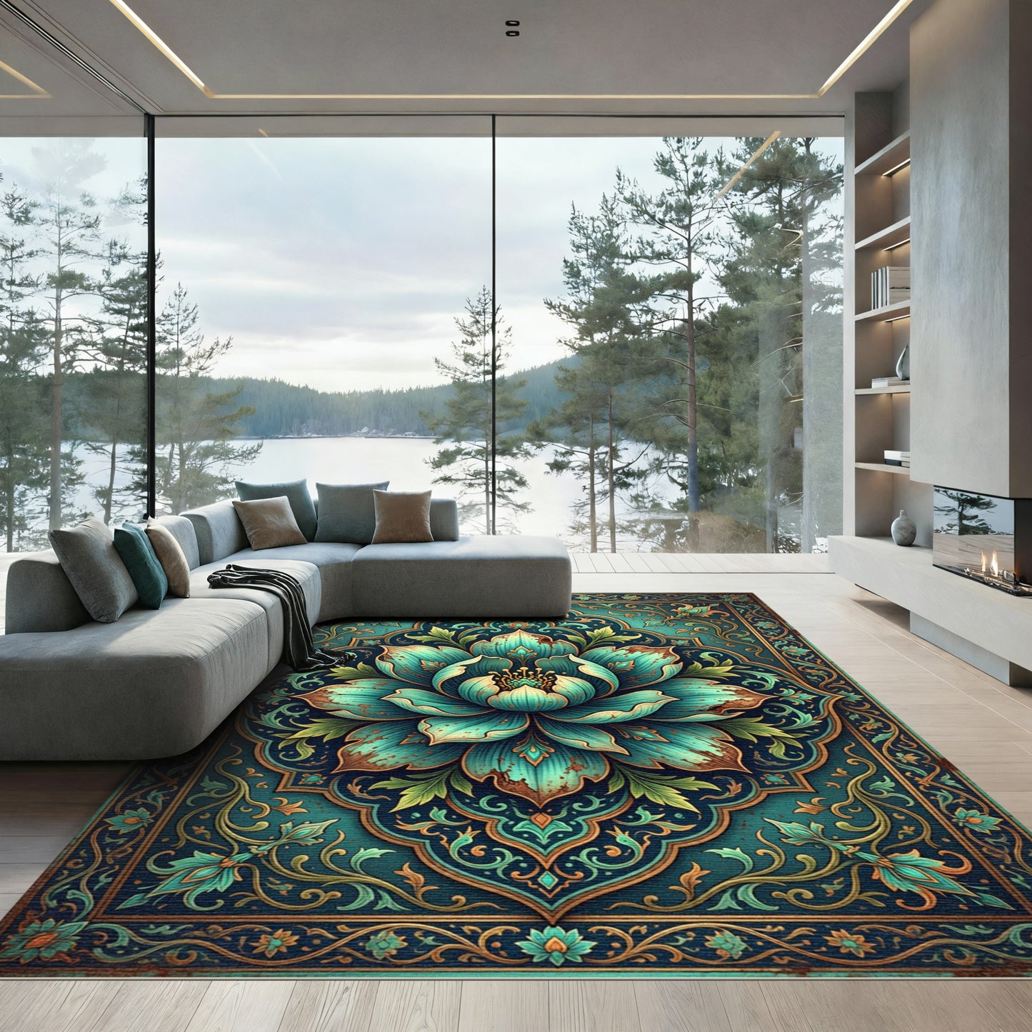 Teal Lotus Blossoming Medallion Art Rug