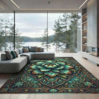 Teal Lotus Blossoming Medallion Art Rug