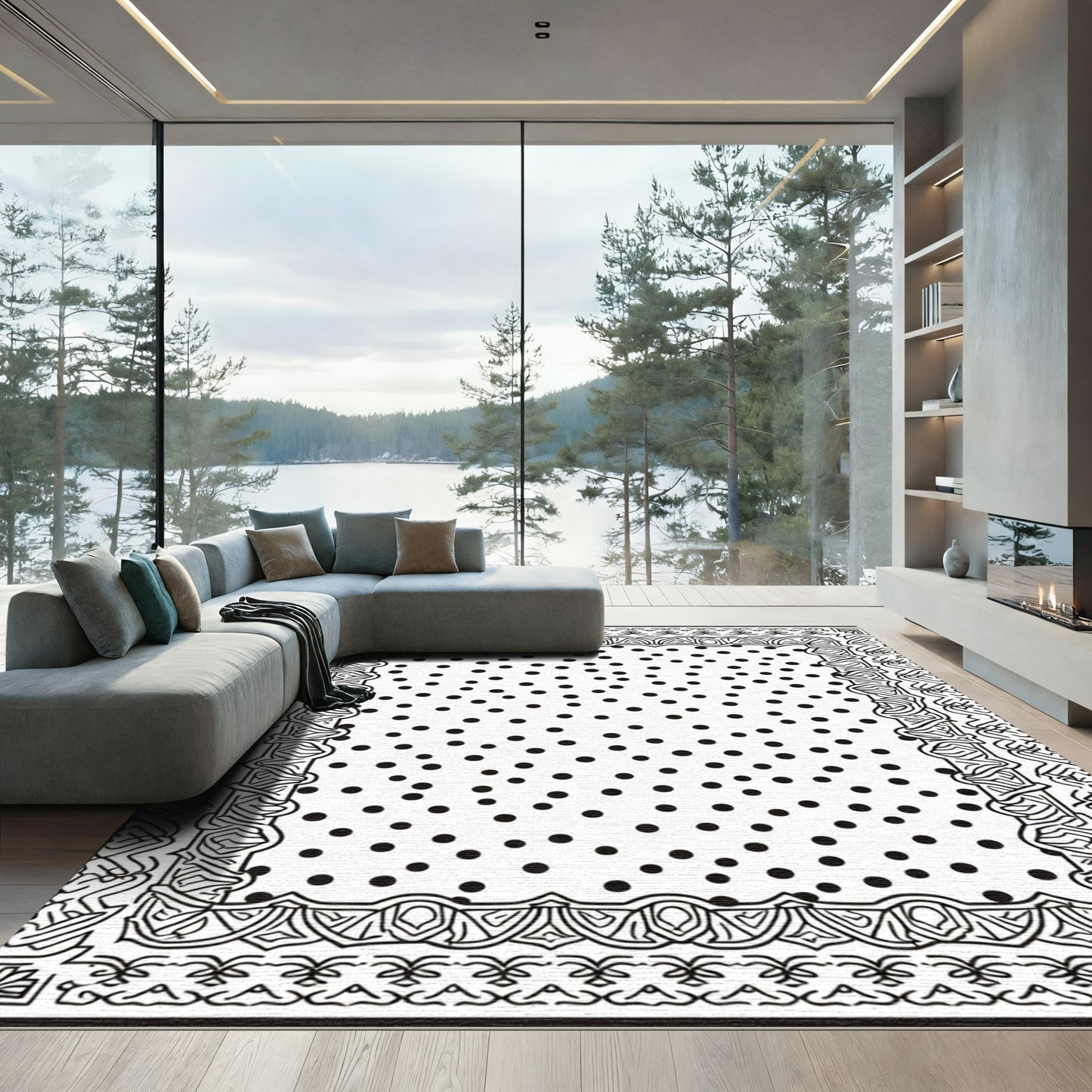 Black White Polka Dot Ornate Border Rug