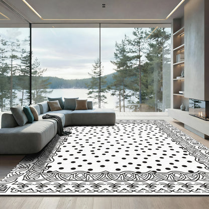 Black White Polka Dot Ornate Border Rug