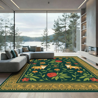 Golden Floral Corgi Garden Emerald Rug