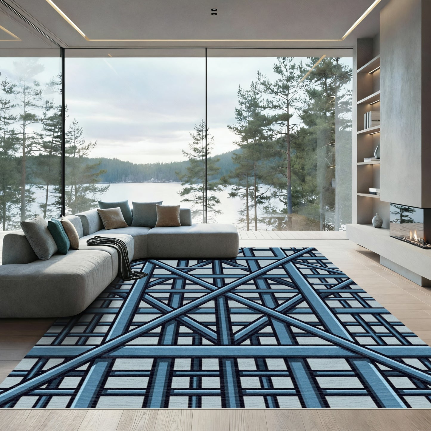 Industrial Steel Blue Architectural Grid Rug