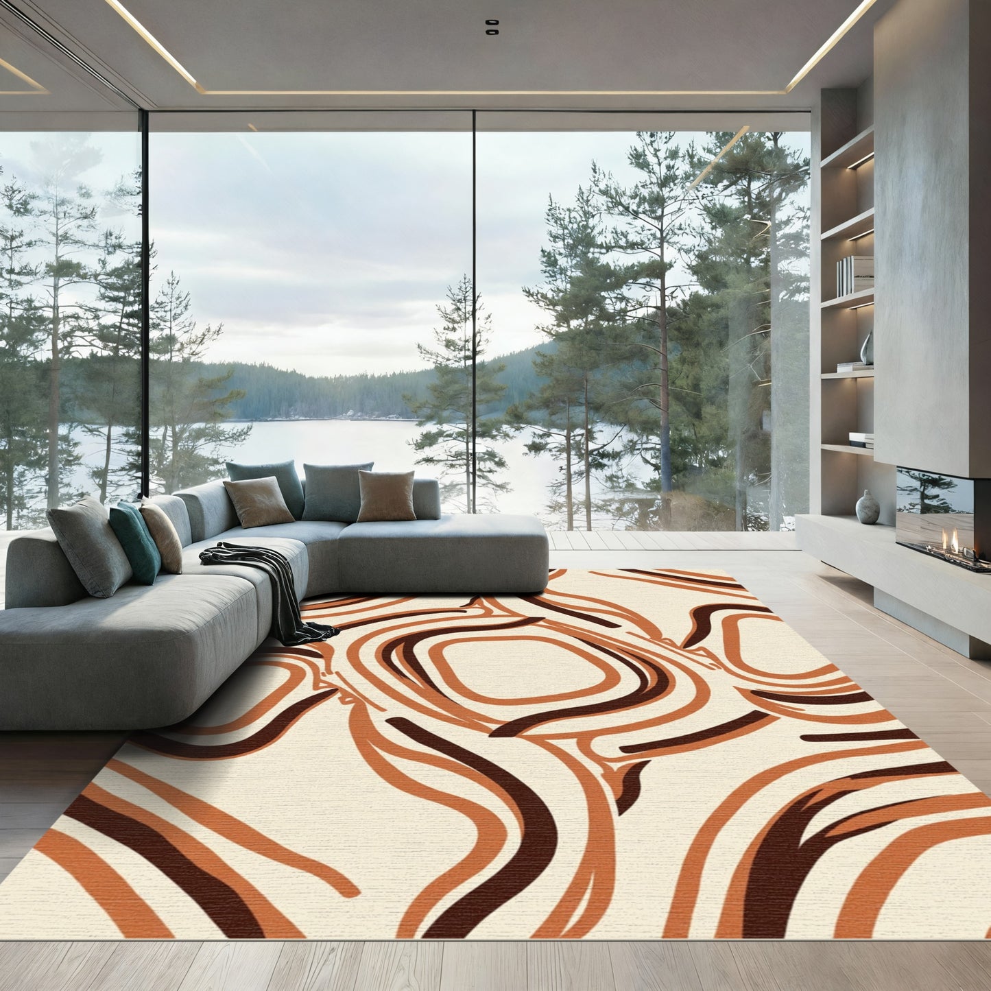 Earthy Swirl Brown Ivory Abstract Rug
