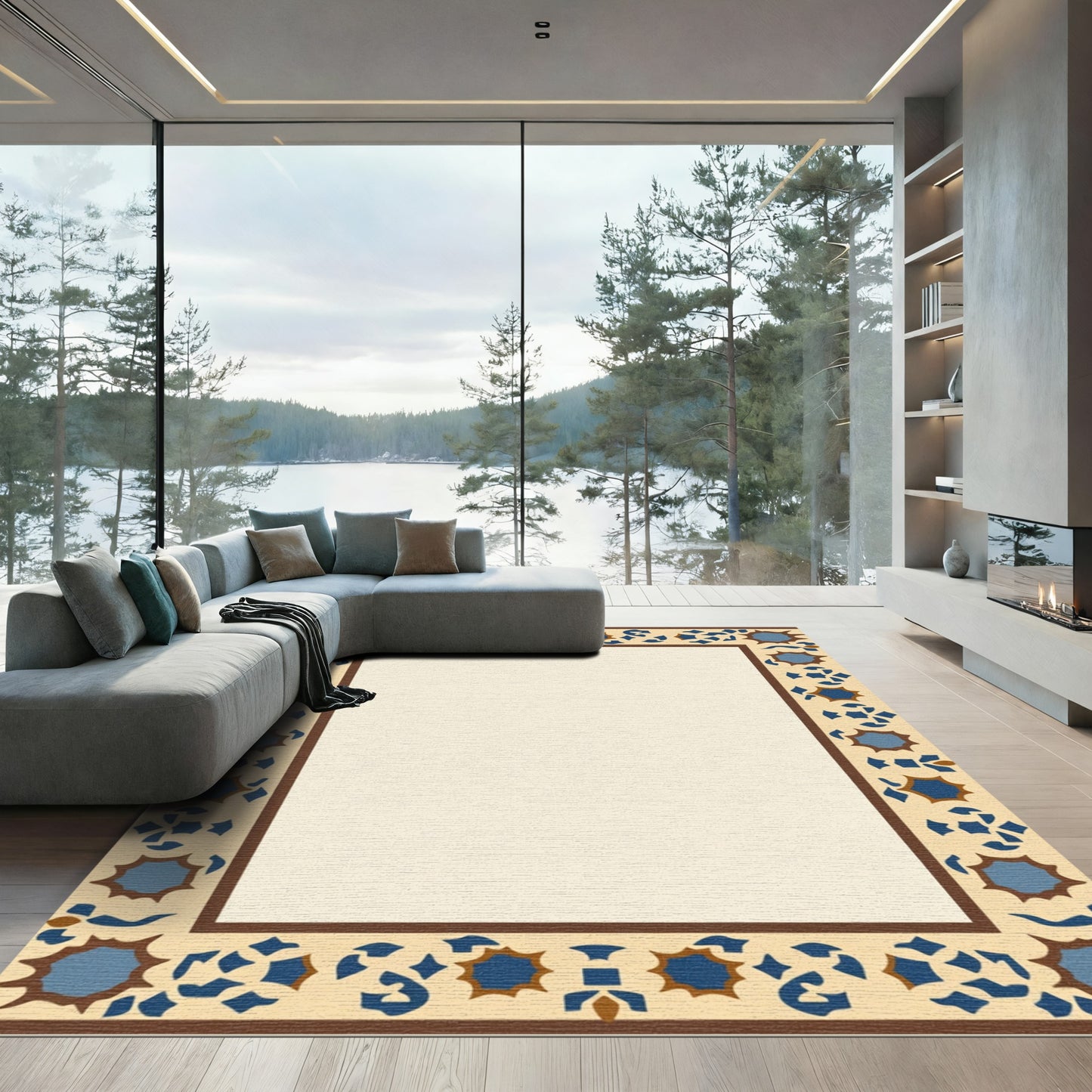 Brown Blue Geometric Starburst Frame Rug