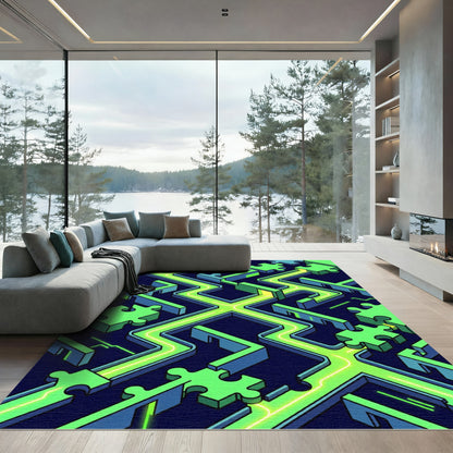 Neon Puzzle Corridor Glowing Geometry Rug