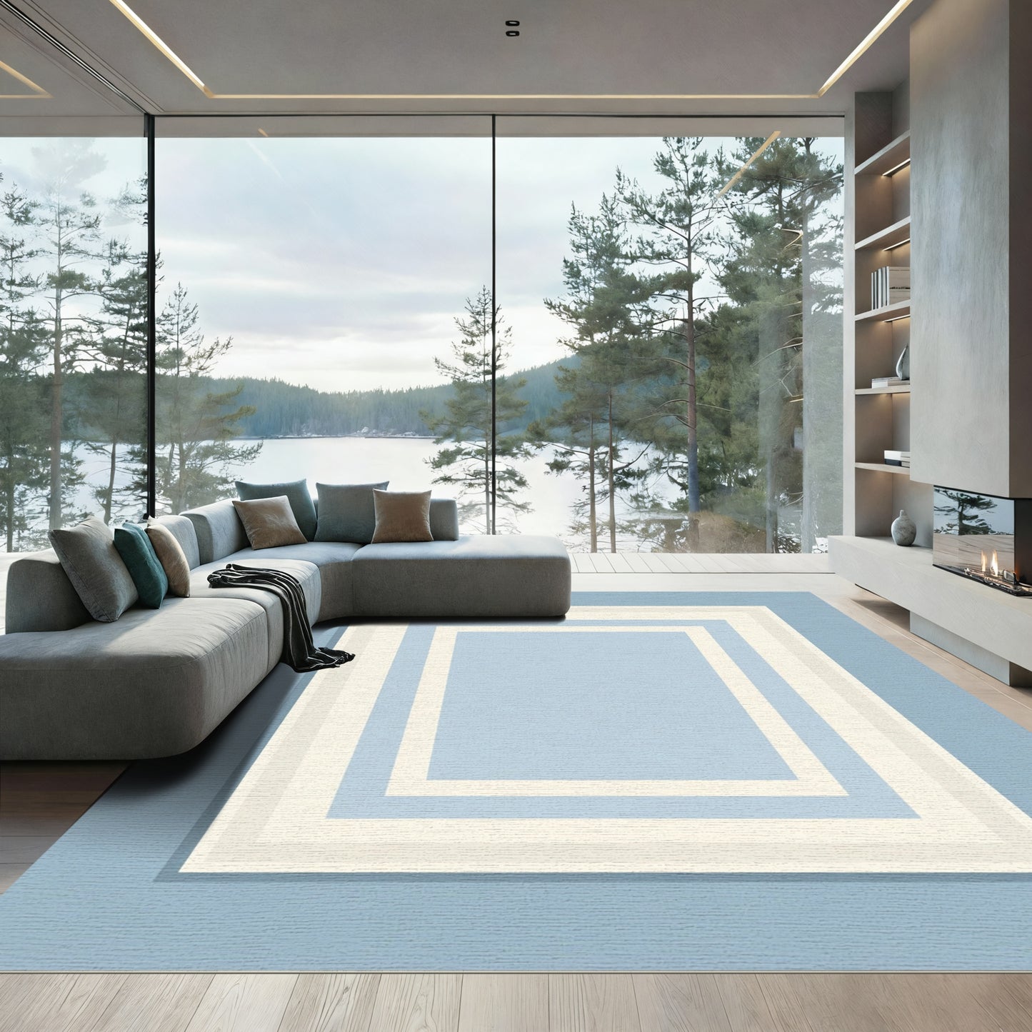 Soft Blue Layered Rectangles Rug