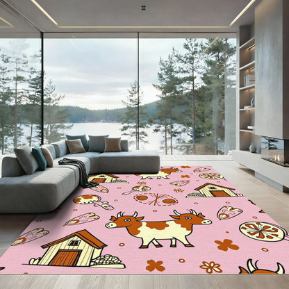 Whimsical Pink Barn Cow Floral Pattern Rug