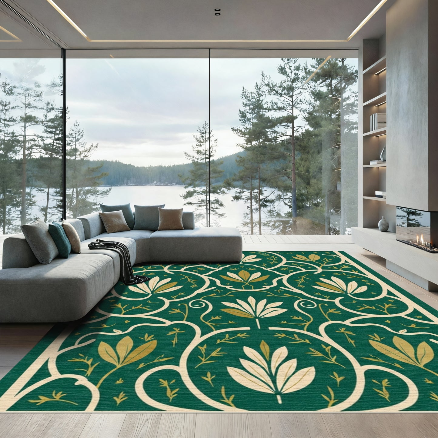 Deep Emerald Floral Vine Serpentine Rug