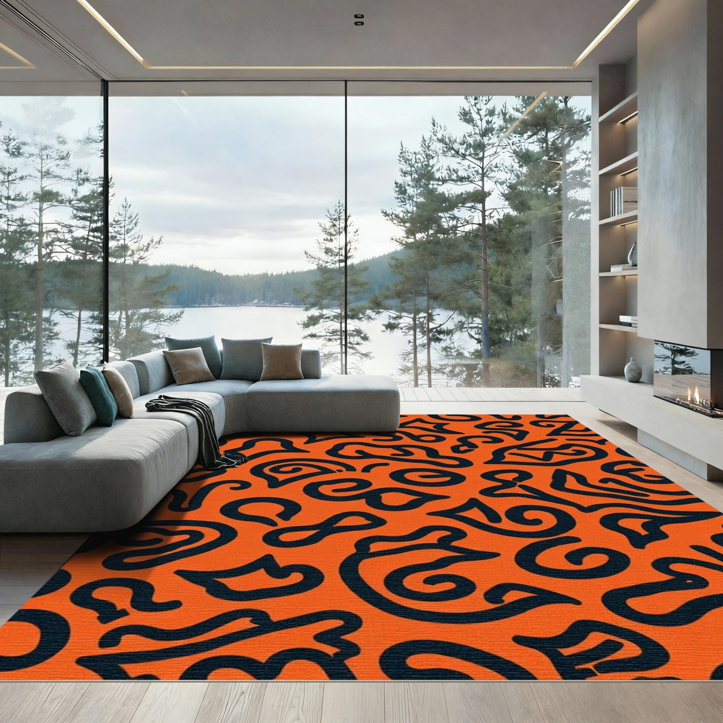 Orange Black Abstract Freeform Swirls Rug