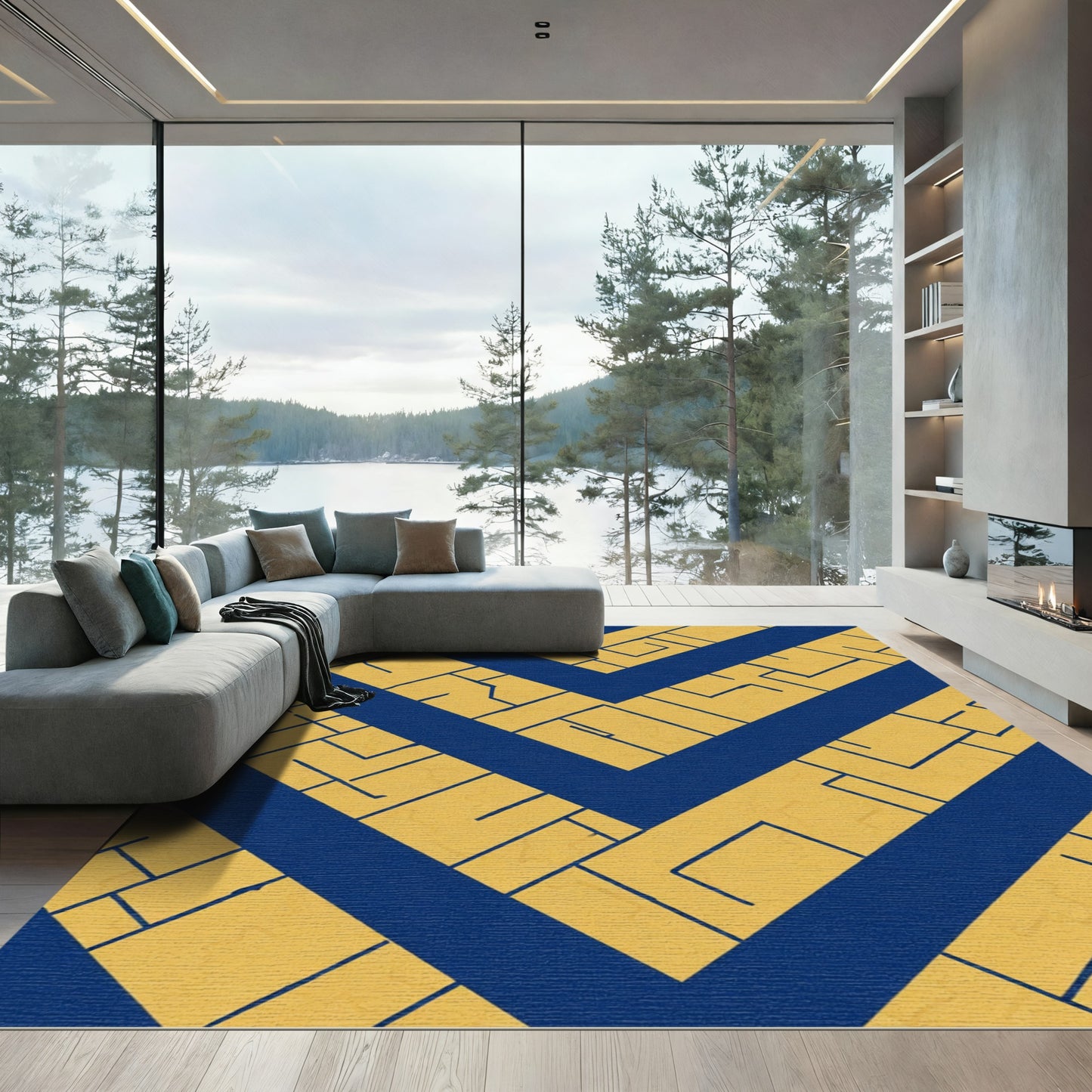 Golden Blue Geometric Chevron Rug