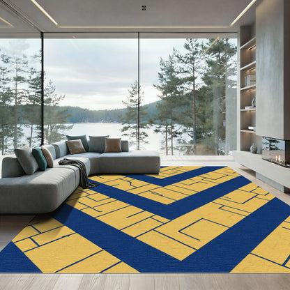 Golden Blue Geometric Chevron Rug