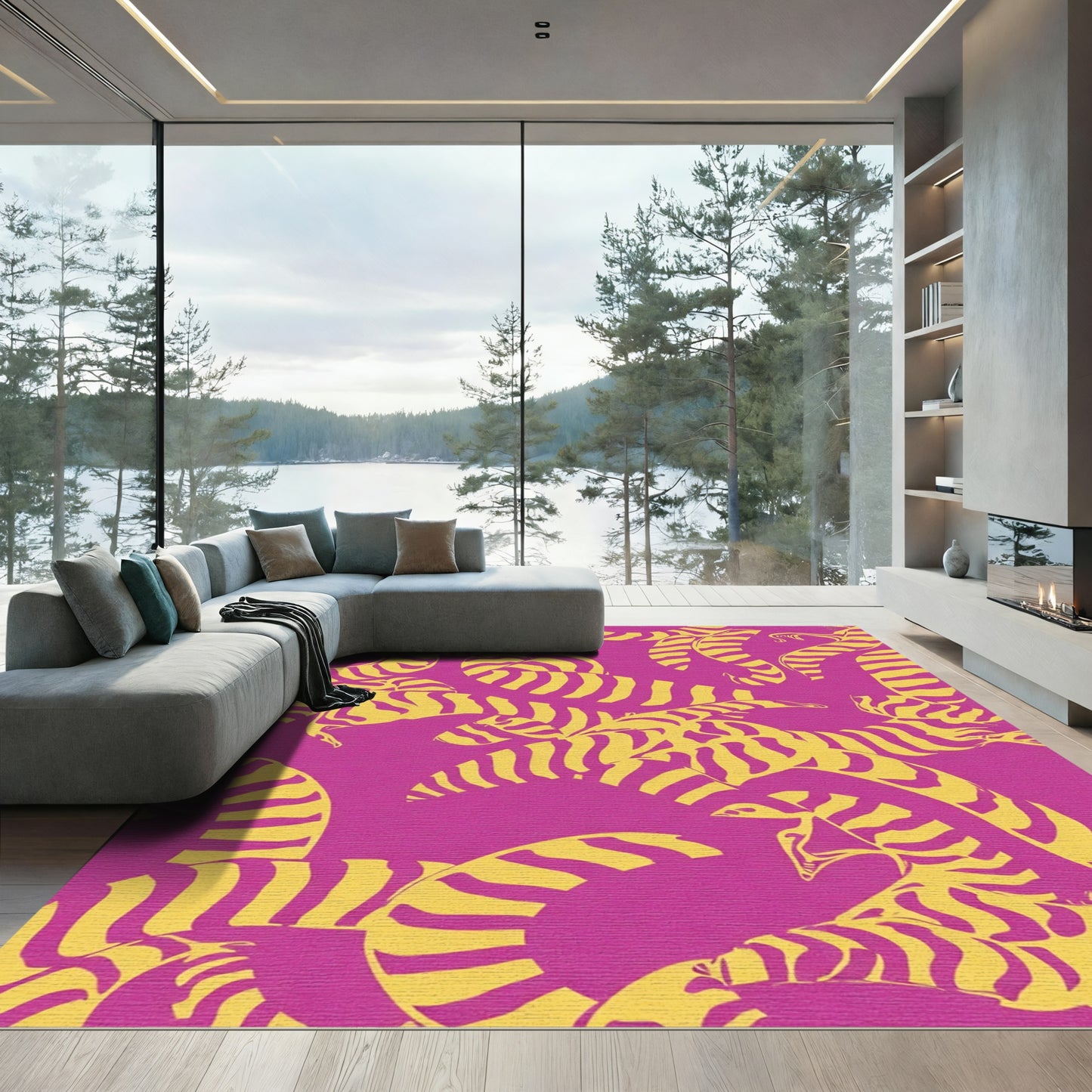 Vibrant Pink Yellow Serpent Swirl Rug