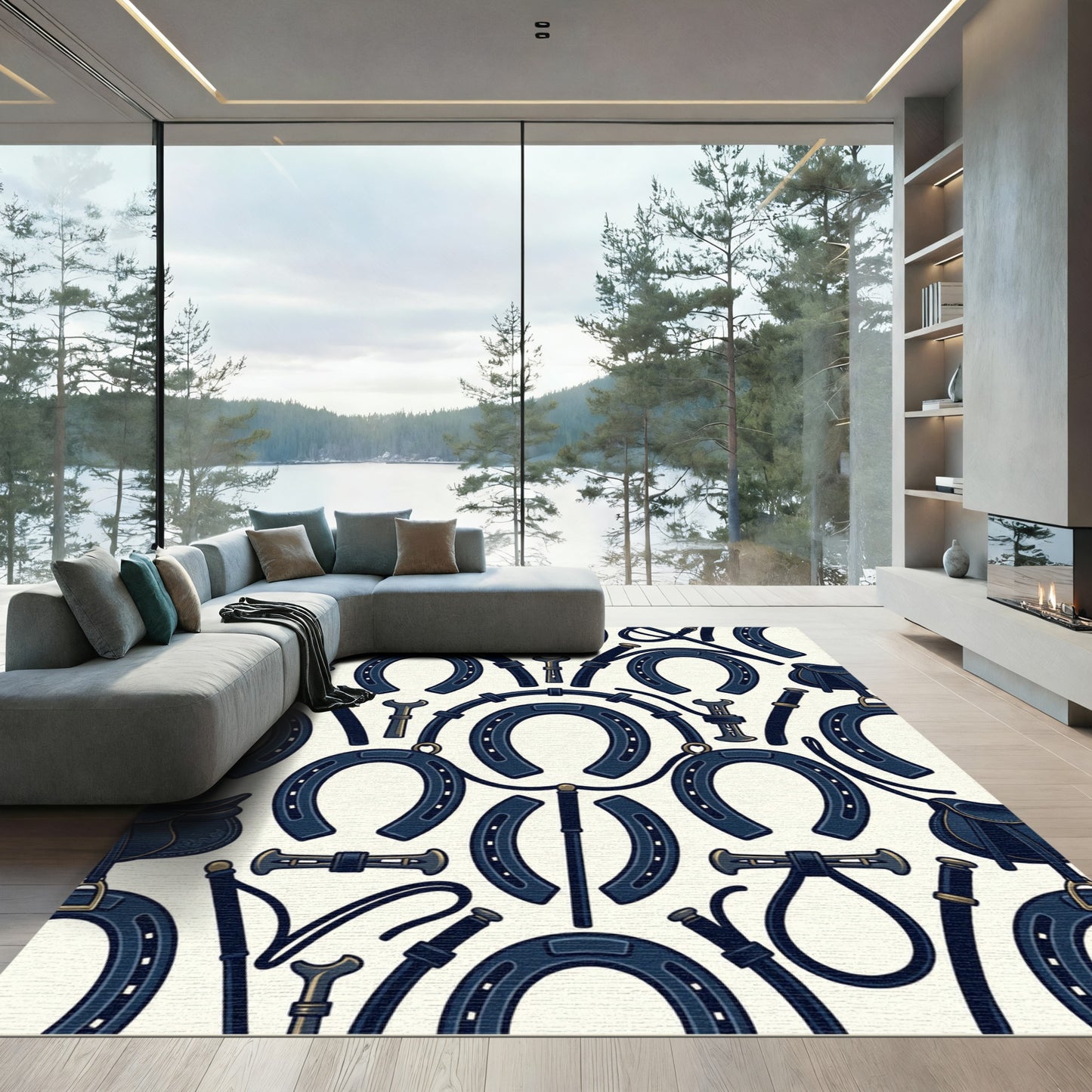 Navy Equestrian Horseshoe and Saddle Art Rug