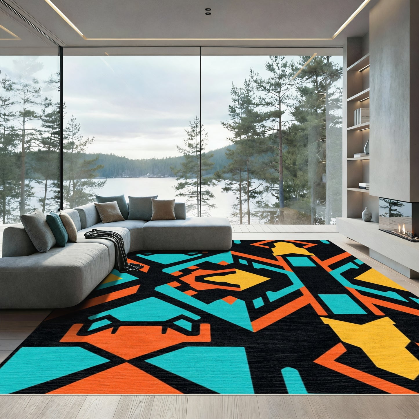 Bold Orange Teal Yellow Geometric Abstraction Rug