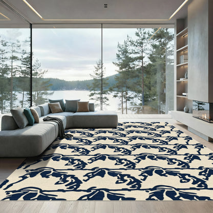 Navy Blue Abstract Horse Run Motif Rug