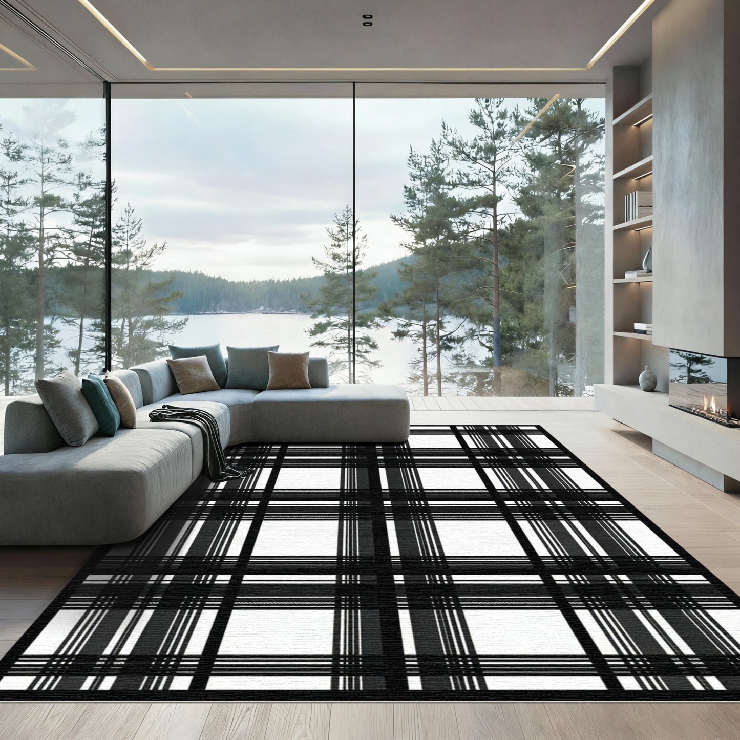 Classic Black White Plaid Checks Rug