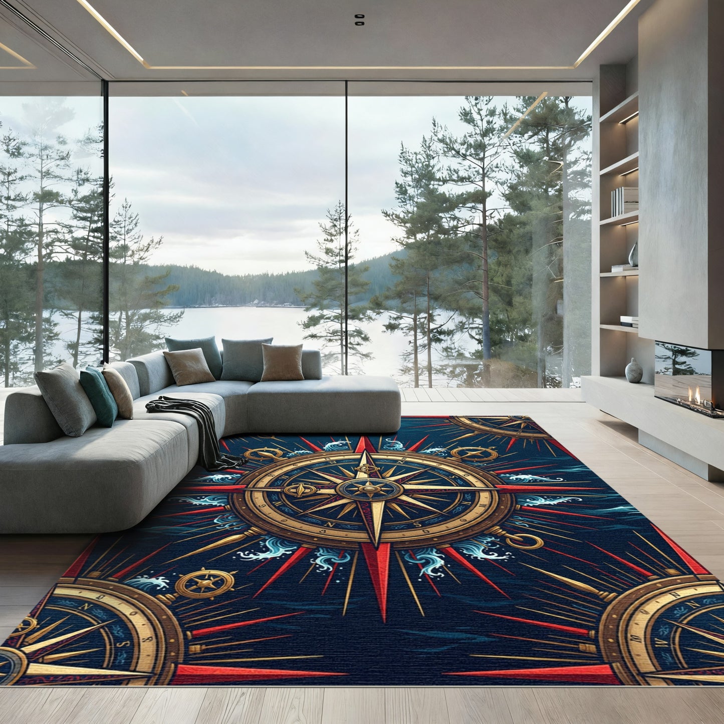 Midnight Nautical Compass Gold Wave Art Rug