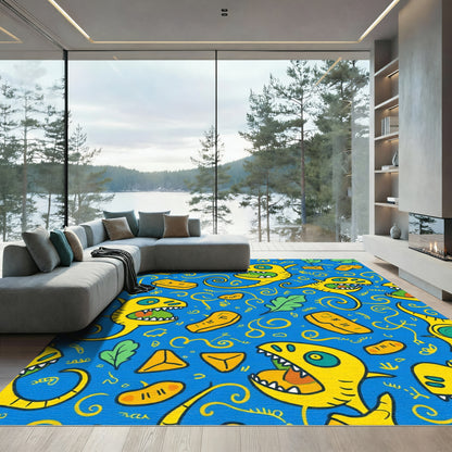 Silly Yellow Dinosaur Blue Whimsical Rug