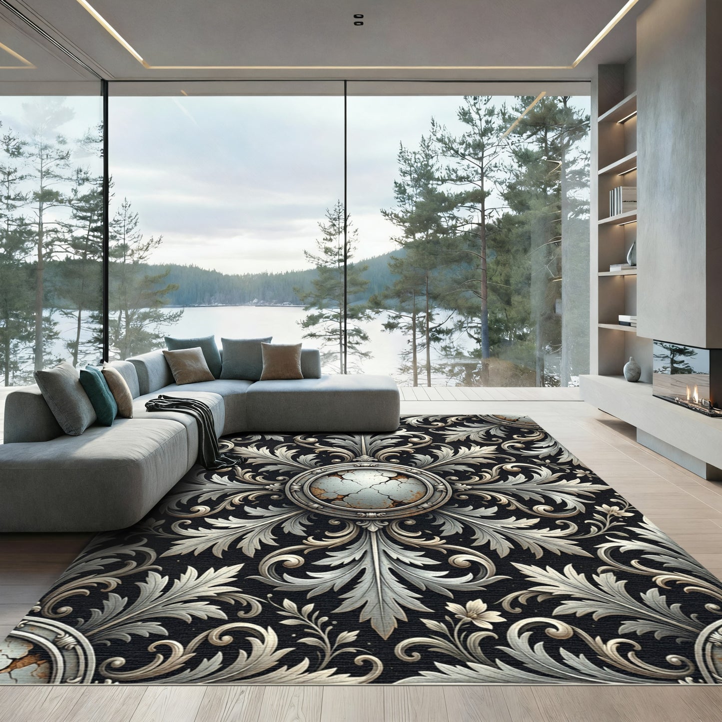Ornate Aged Silver Floral Medallion Rug