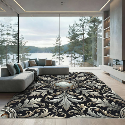 Ornate Aged Silver Floral Medallion Rug