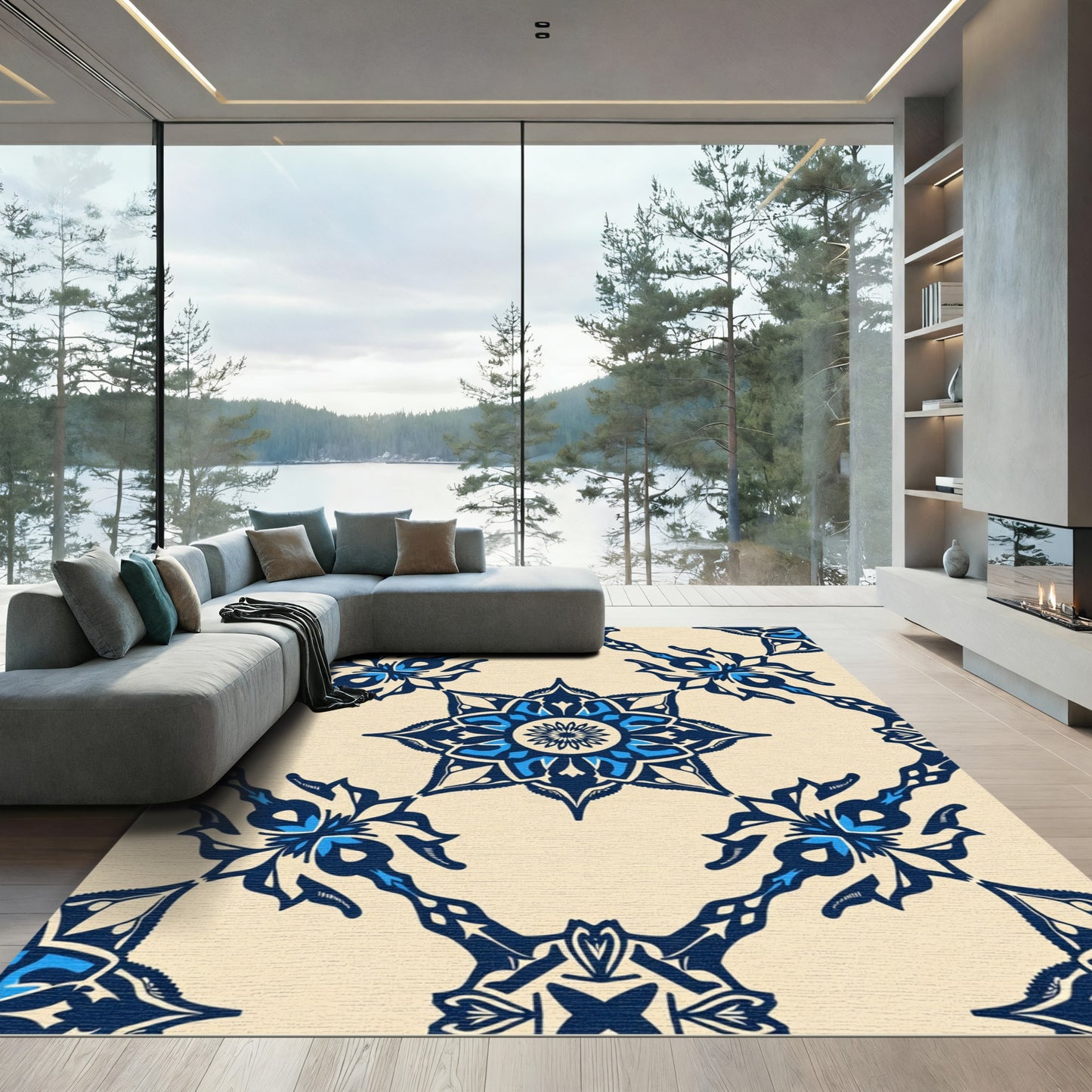 Navy Blue Ceramic Floral Medallion Rug