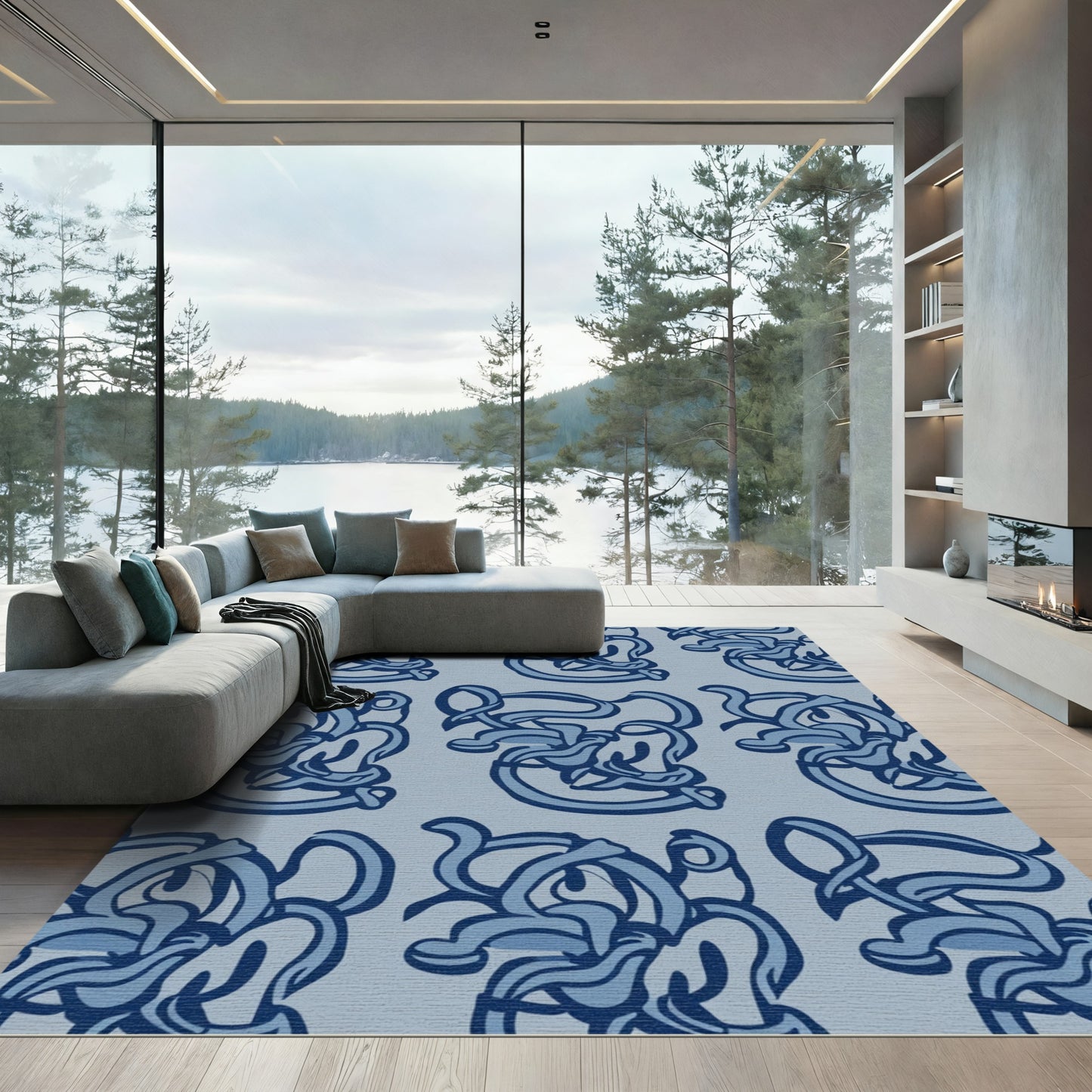 Navy Blue Abstract Whimsical Swirl Rug