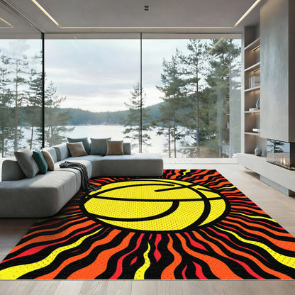 Fiery Yellow Basketball Sun Waves Rug