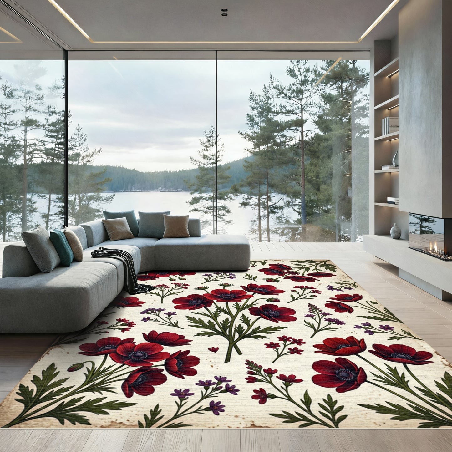 Deep Red Anemone Garden Bloom Rug