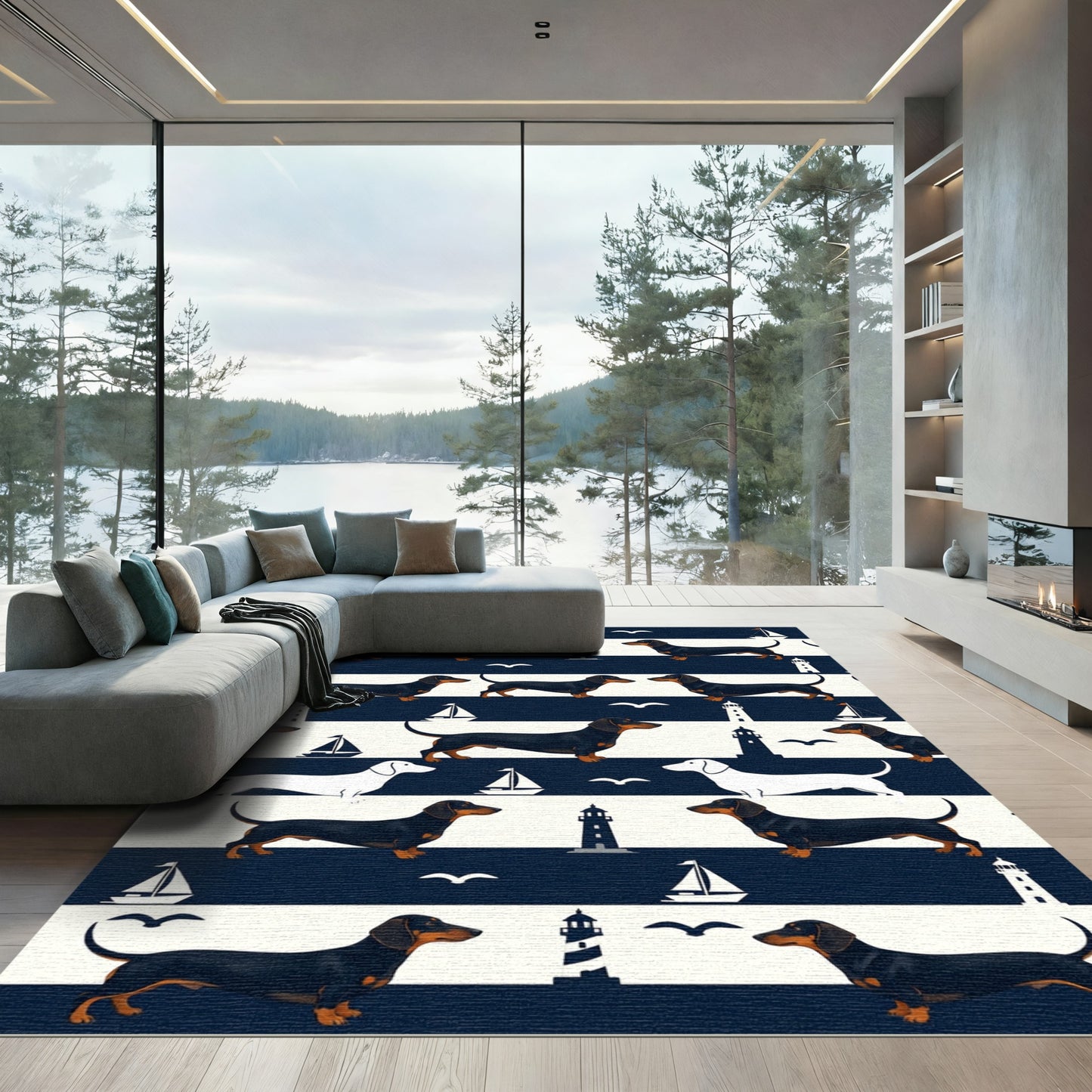 Navy Nautical Dachshund and Lighthouse Stripe Rug